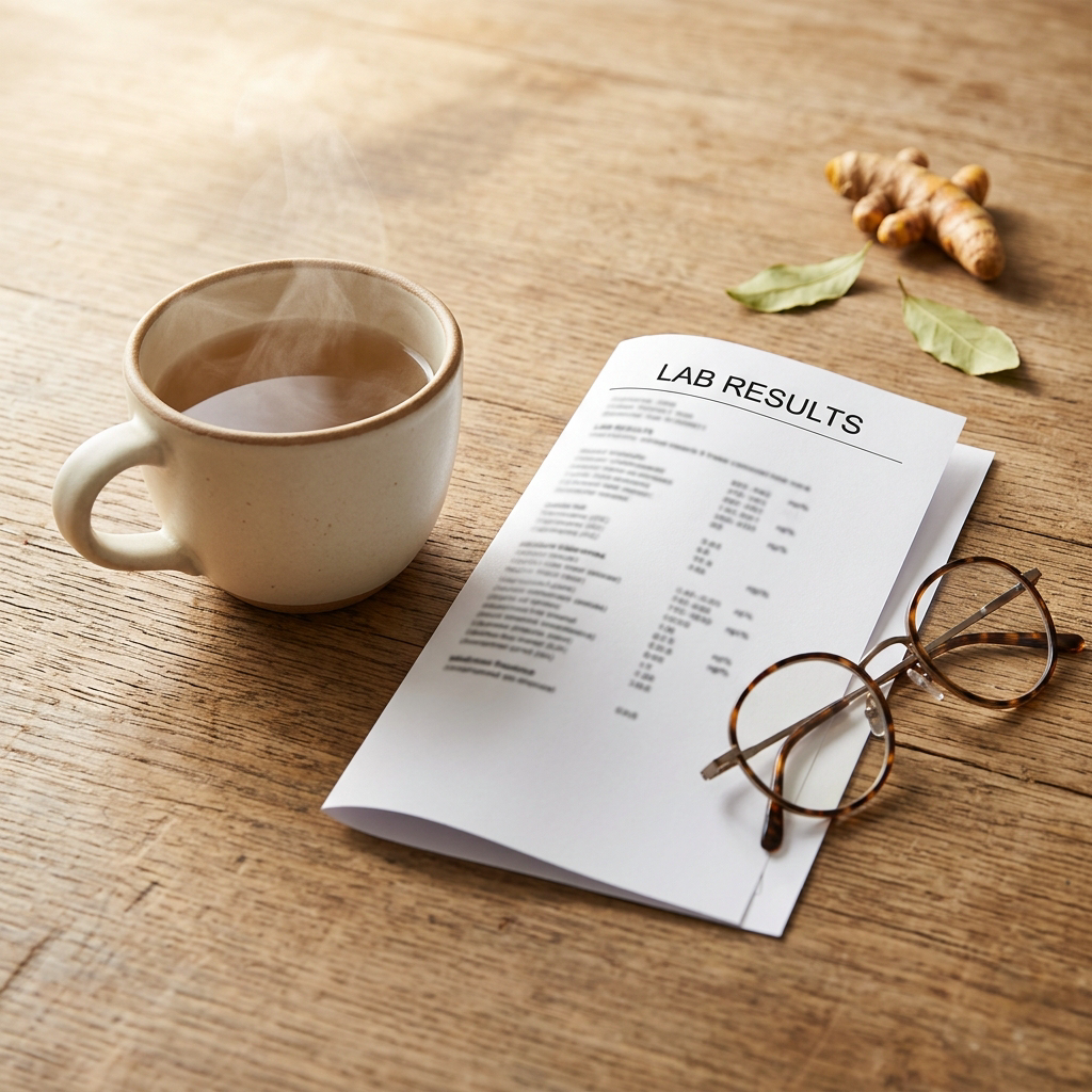 A cup of RootTea on a kitchen table beside folded lab result paper, soft natural light